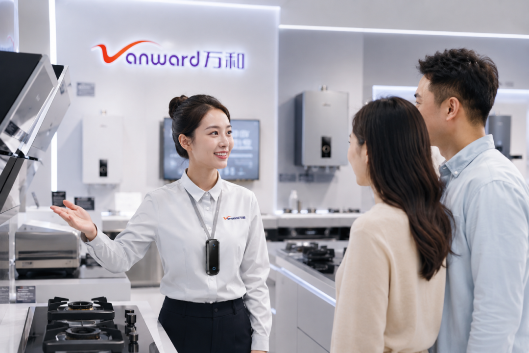 导购佩戴职行力AI智能工牌接待顾客